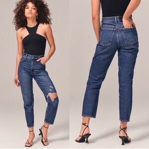 Abercrombie & Fitch The Mom High Rise Curve Love Distressed Dark Wash Jeans